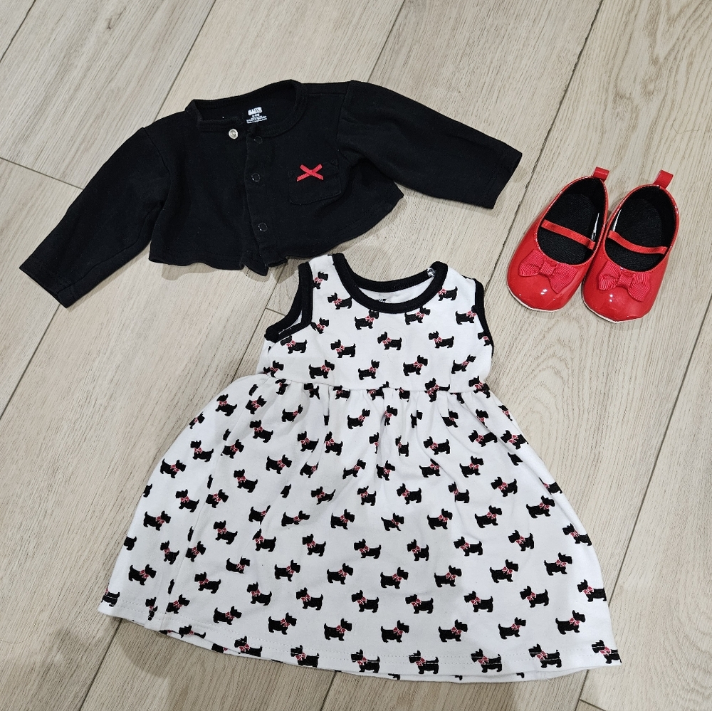 Dress, Cardigan And Shoe Set